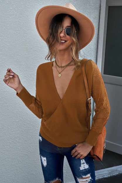 Sexy V Neck Surplice Hollow-Out Sweater With Lace Sleeves Kiwidrop