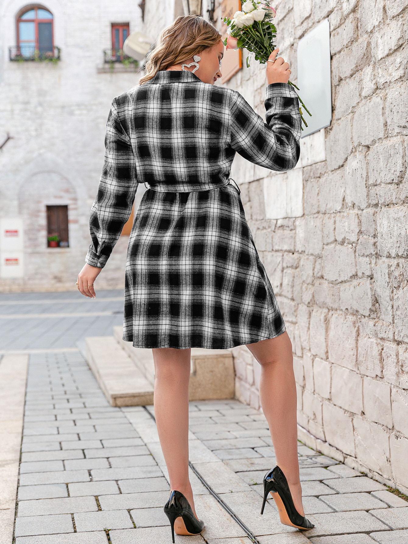 Plus Tartan Print Belted Shirt Dress Kiwidrop