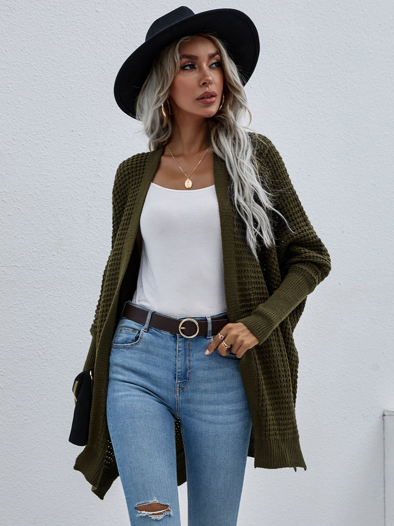 Waffle Knit Open Front Cardigan Trendsi