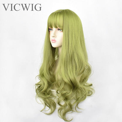 24inch Synthetic Green Black Hair Curly Big Wave Cosplay Wigs With Bangs for Women African American Heat Resistant Fiber Hair - DunbiBeauty, LLC