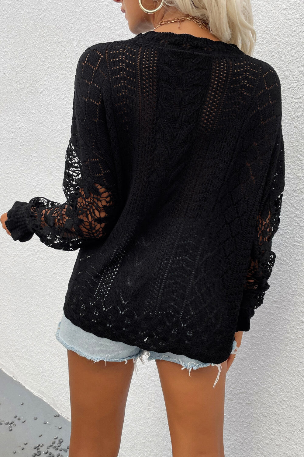 Spliced Lace Crochet Sleeve Sweater Trendsi