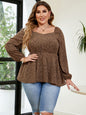 Plus Size Leopard Square Neck Long Sleeve Blouse