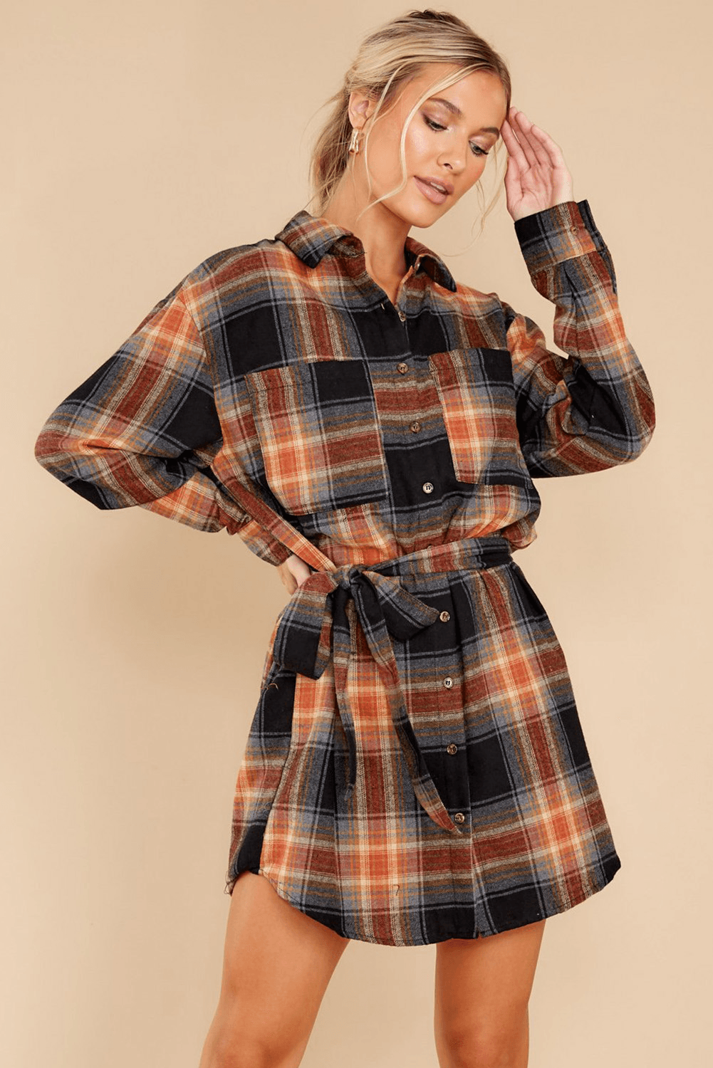 Plaid Chest Pocket Shirt Mini Dress With Belt Kiwidrop