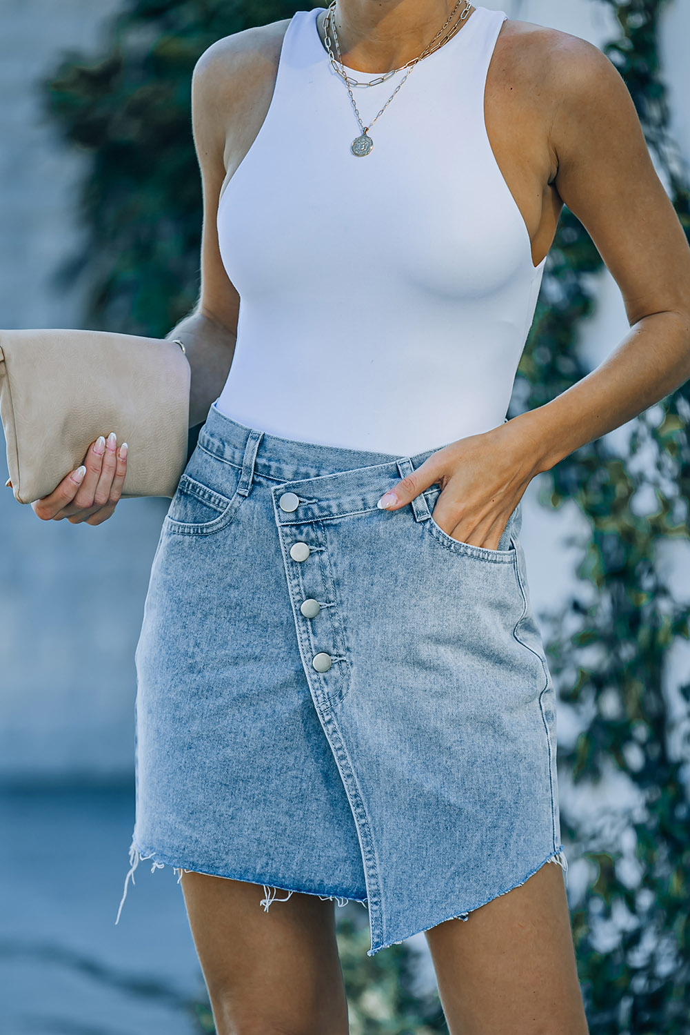 Sky Blue Buttons Asymmetric Denim Mini Skirt Kiwidrop