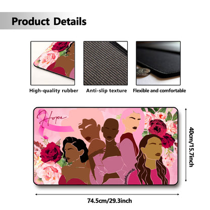 Black Lock Edge Mouse Pad (16×30inch)｜Polyester -Unity, Hope, Pink, Hot Pink, Burgundy, Roses, Breast Cancer Awareness, Women, Black, Hispanic, White, Hair, Smooth (Designed by Dunbi)