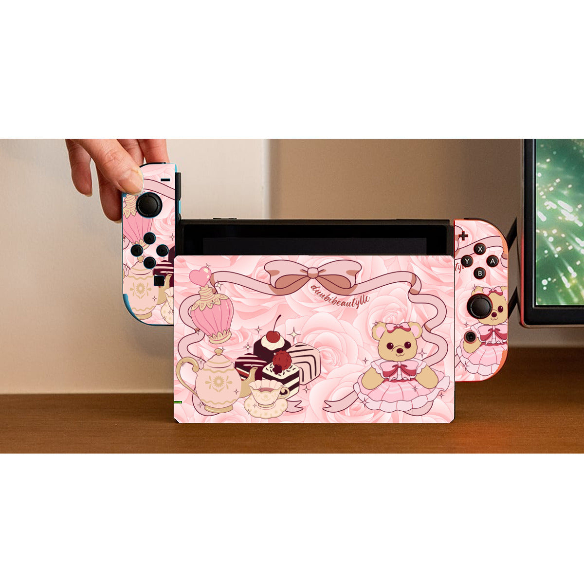 Nintendo Switch Game Console Stickers ｜PVC - Cute Teddy Bear, Tea Party, Ribbon, Bows, Cakes, Cute, Victorian, Doll, Cute Girl, Pink Style 2, Roses (Designed by Dunbi)