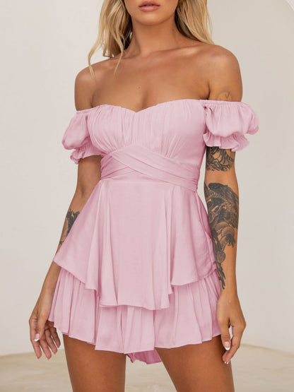 Off Shoulder Flounce Sleeve Romper