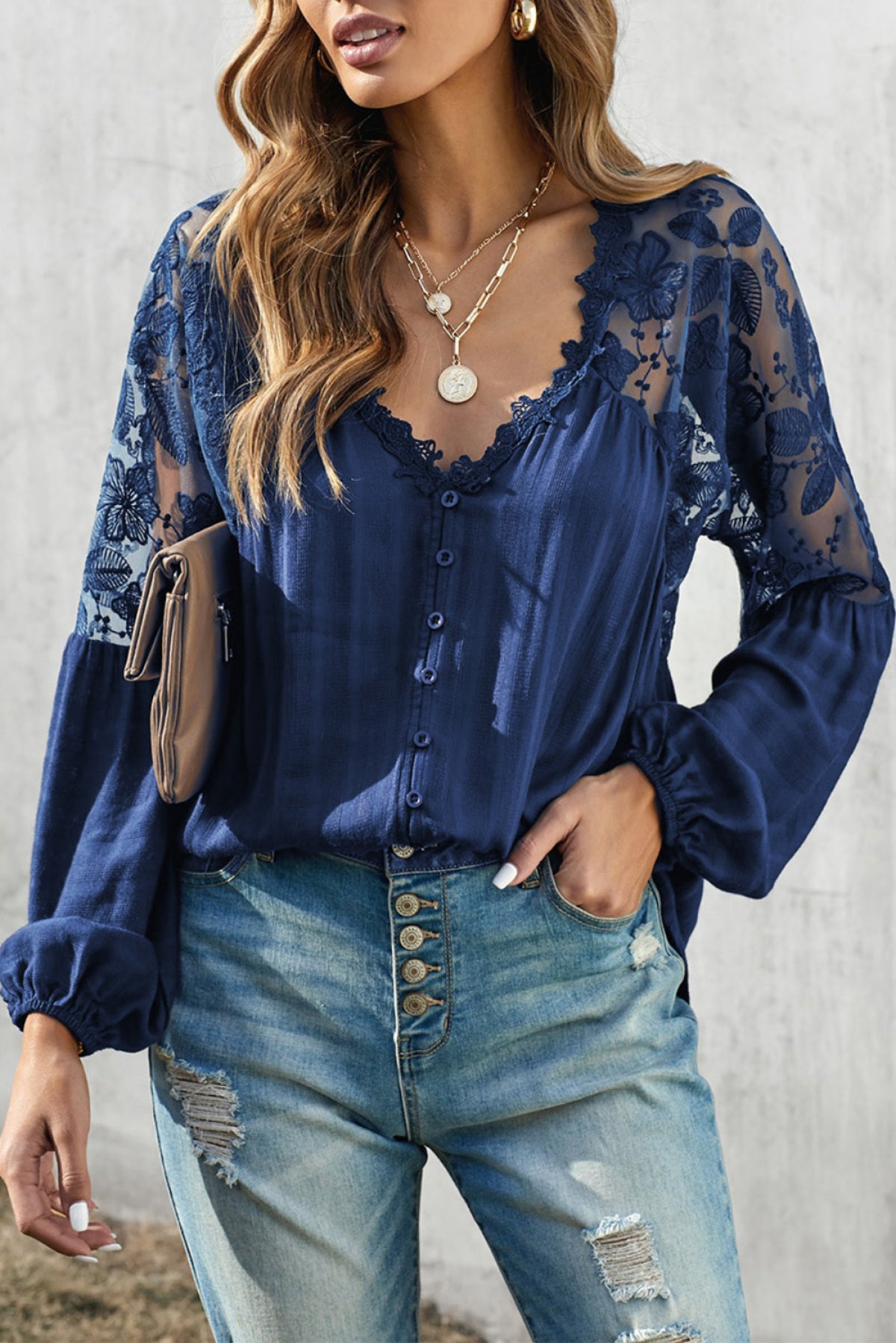 V Neckline Lace Shoulder Patchwork Blouse Kiwidrop