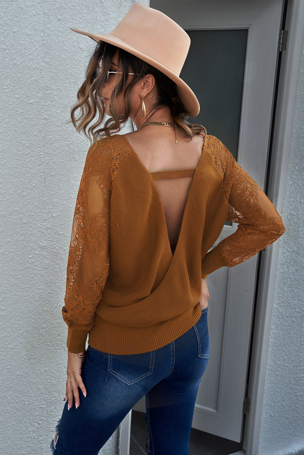 Sexy V Neck Surplice Hollow-Out Sweater With Lace Sleeves Kiwidrop