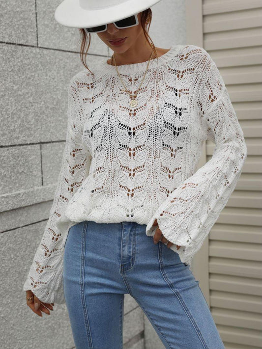 Openwork Dropped Shoulder Knit Top Trendsi