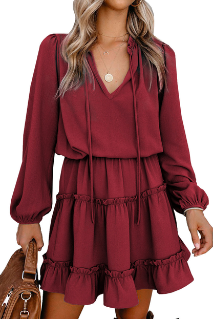 V Neck Long Sleeve Ruffle Tiered Mini Dress Kiwidrop