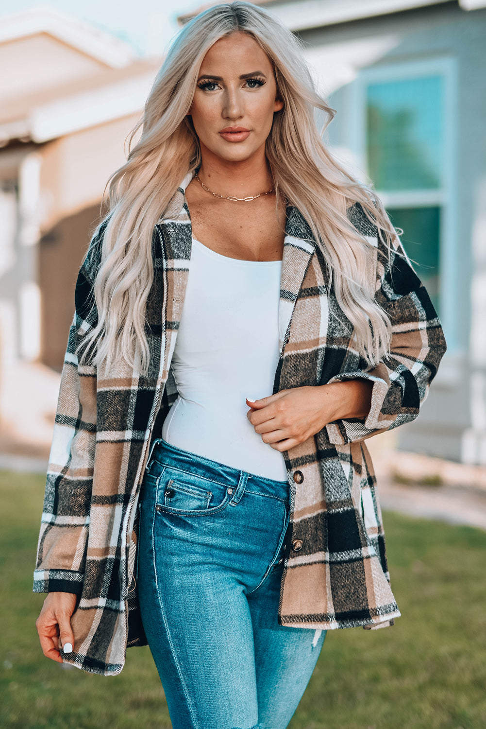 Plaid Print Buttoned Shirt Jacket Kiwidrop