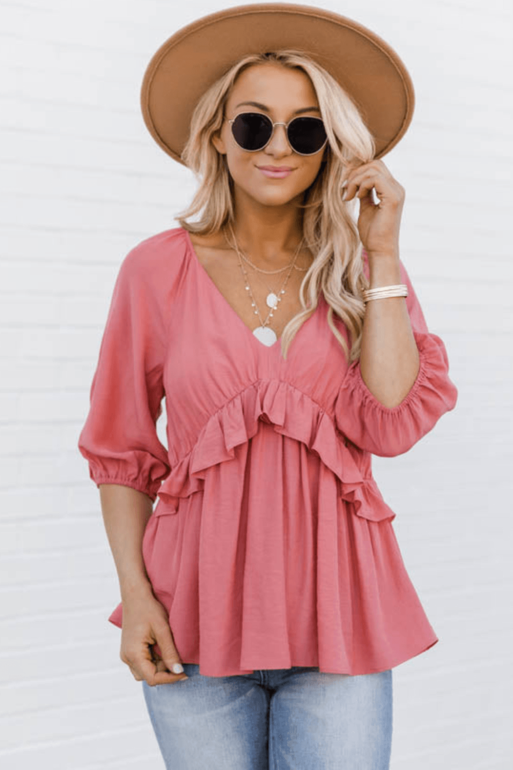 Pink Ruffled Half Sleeve V Neck Babydoll Top Kiwidrop