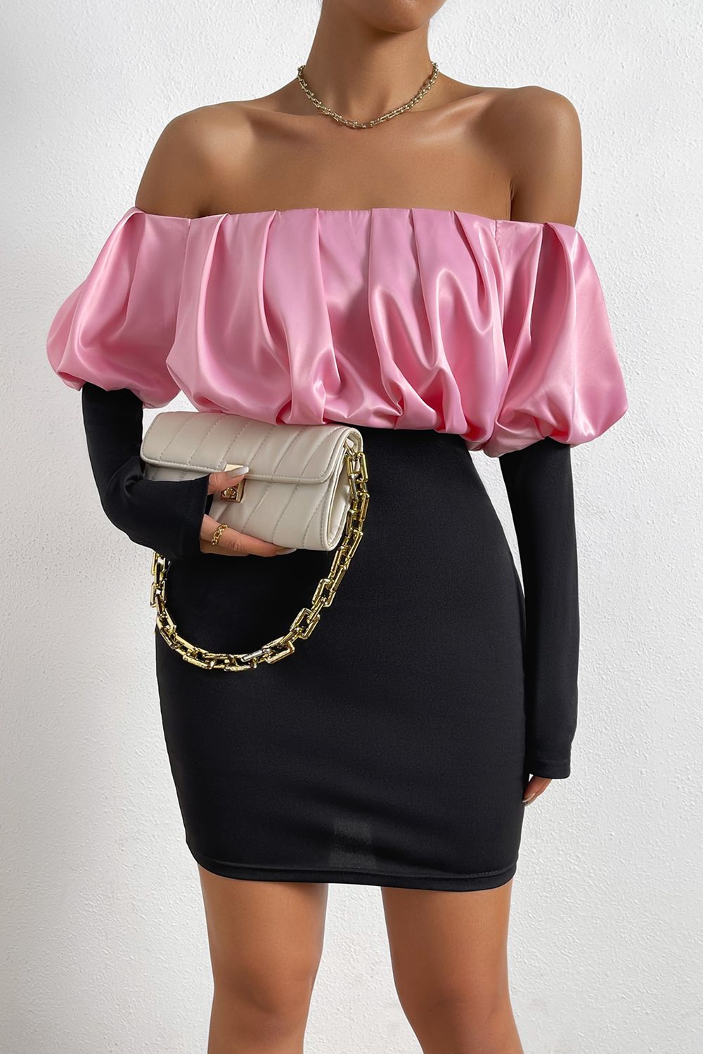 Off-Shoulder Puff Sleeve Mini Pencil Dress