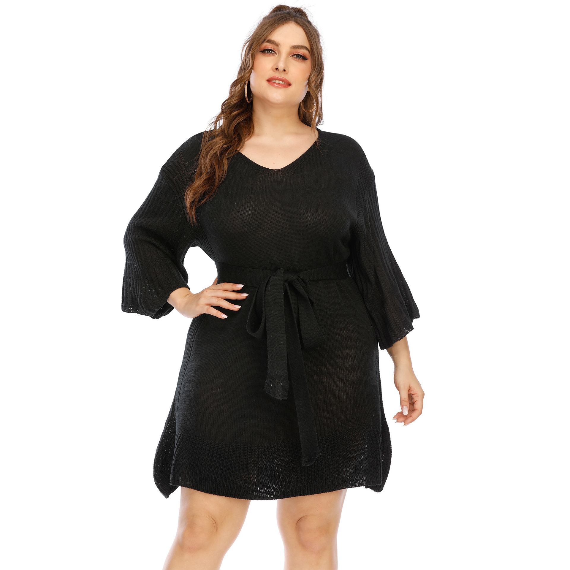 Plus Size V-Line Asymmetrical Women's Belted Dress Kiwidrop