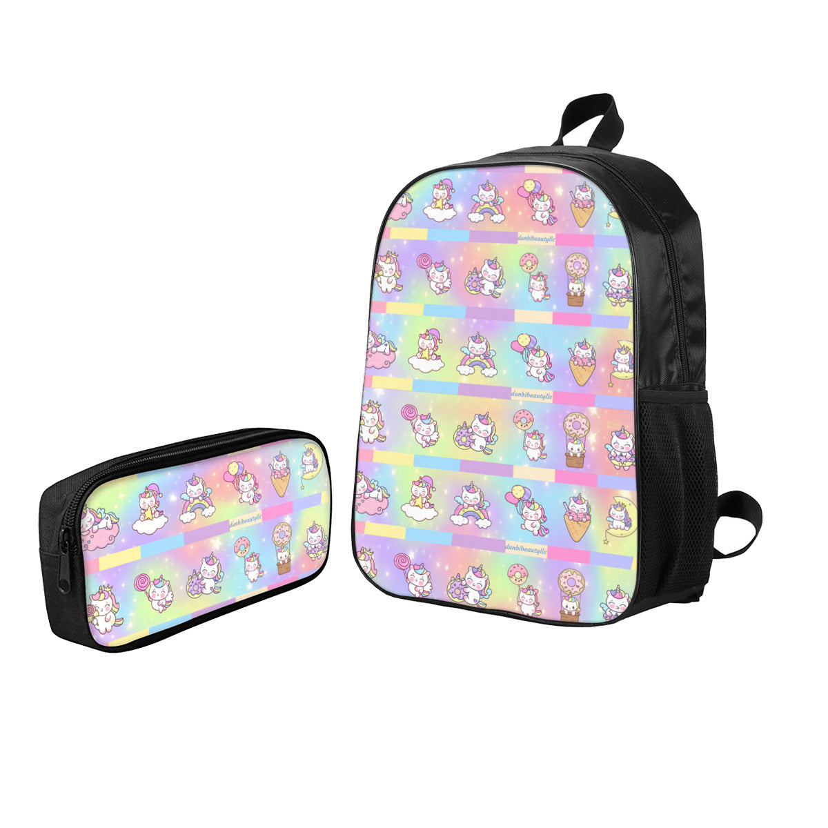 Youth Personalized School Bag (Polyester Boning) + Pen Pouch | Oxford Cloth -Kawaii Unicorn, Pastel Rainbow, Clouds, Pink, Purple, Blue, Yellow, Sleepy Unicorn, Hungry Unicorn, Moon, Candy, Donuts, Ice Cream (Designed by Dunbi)