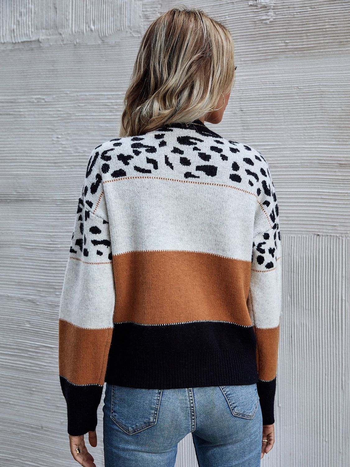 Color Block Round Neck Dropped Shoulder Sweater