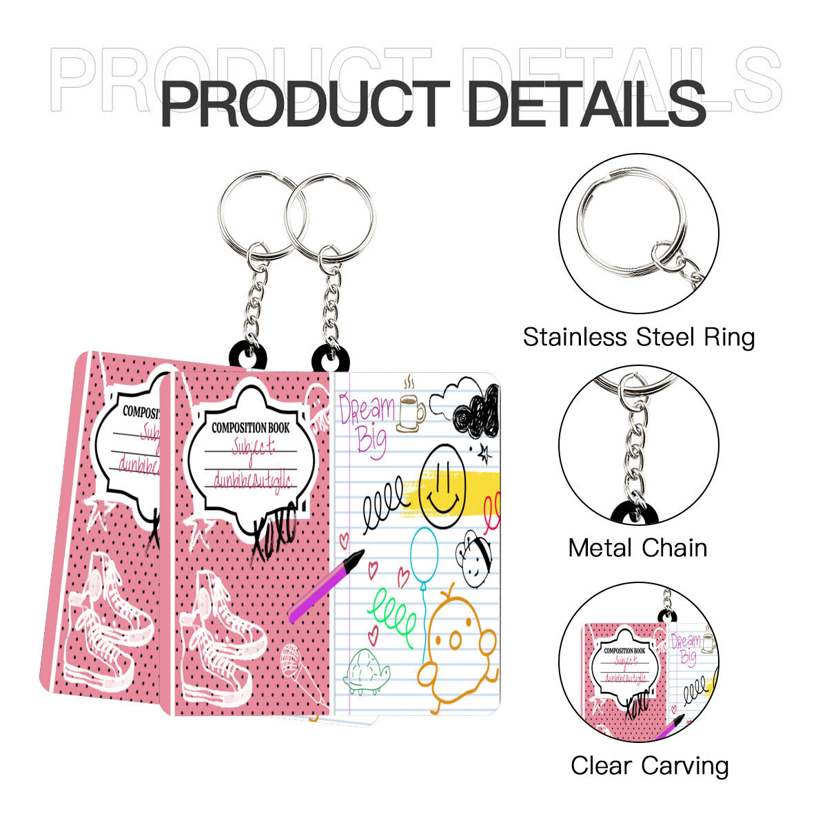 Wooden square keychain (double-sided design) | MDF - Back to School, Composition Notebook Style, Doodles, Scribbles, Writing, Girl, Pink (Designed by Dunbi)