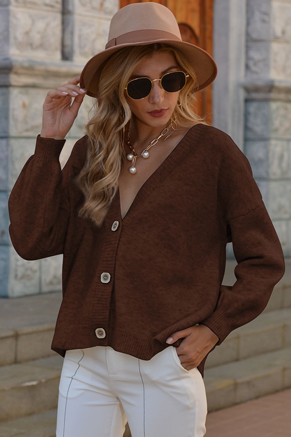 V-Neck Button-Down Dropped Shoulder Cardigan