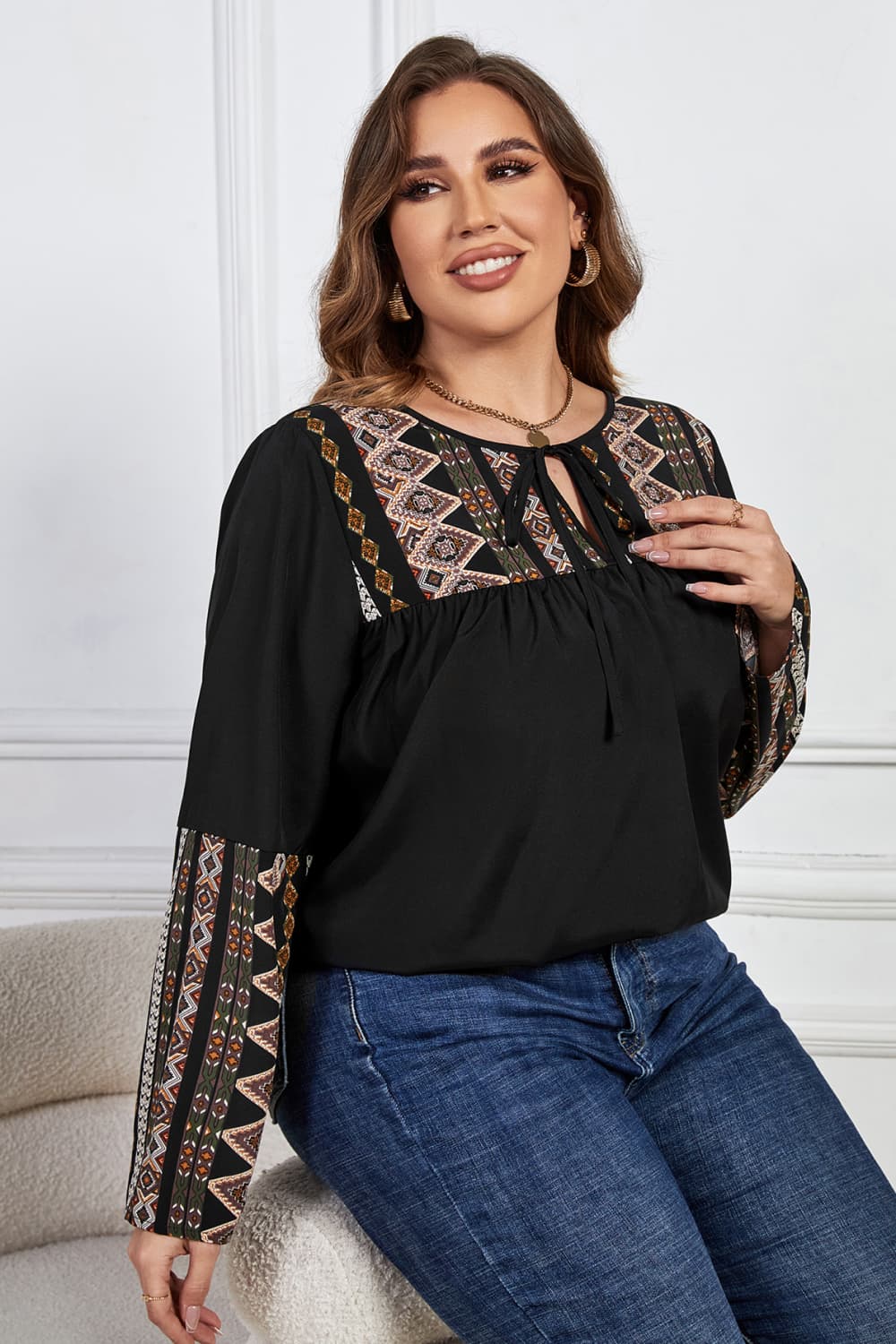 Plus Size Printed Round Neck Tie Front Blouse