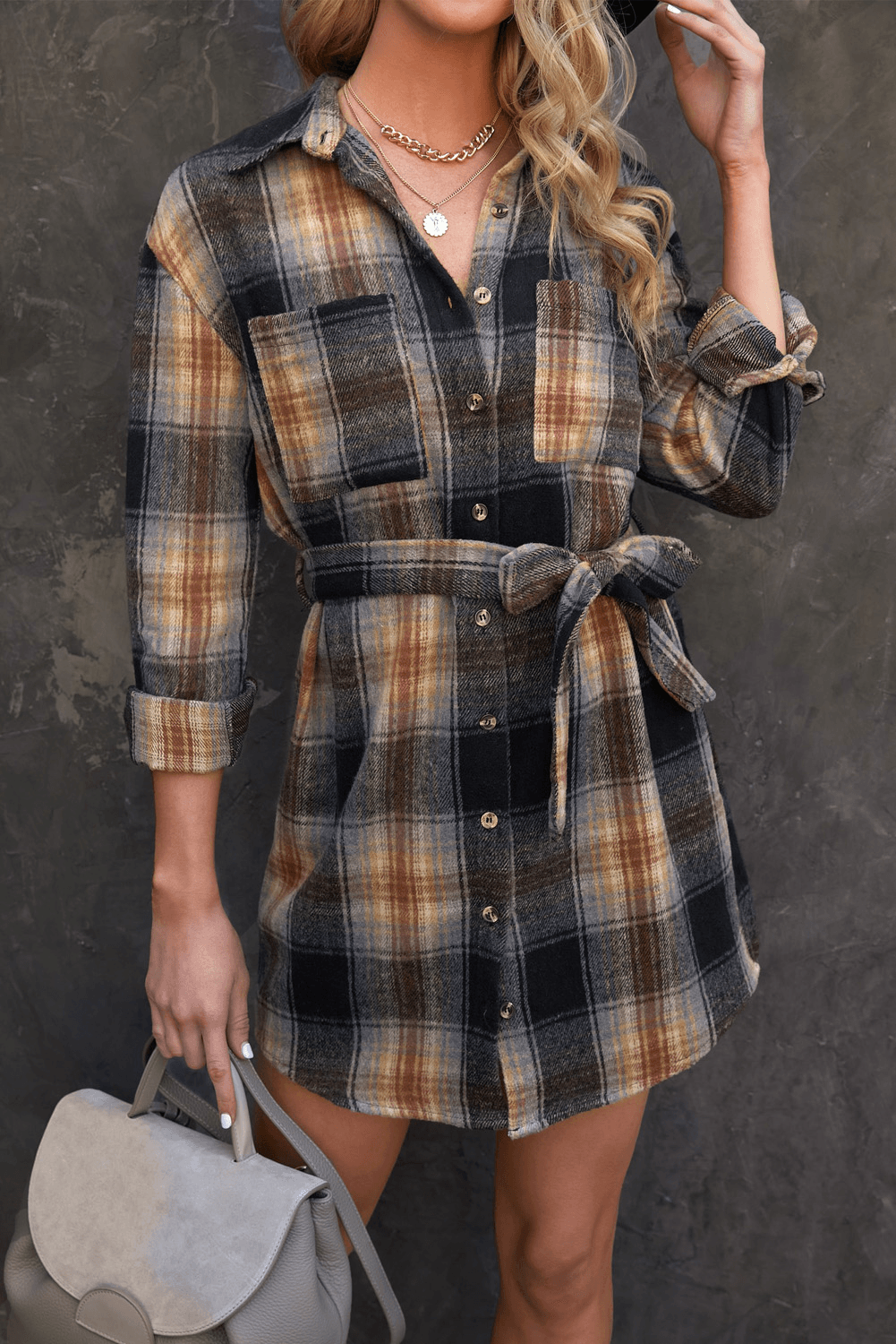 Plaid Chest Pocket Shirt Mini Dress With Belt Kiwidrop