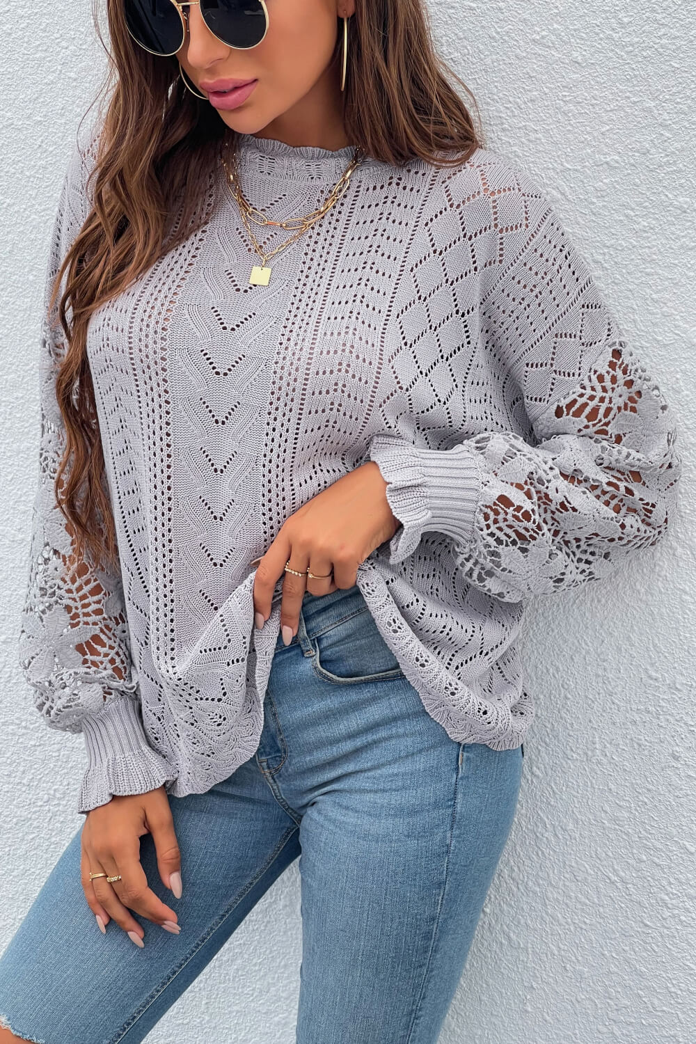 Spliced Lace Crochet Sleeve Sweater Trendsi