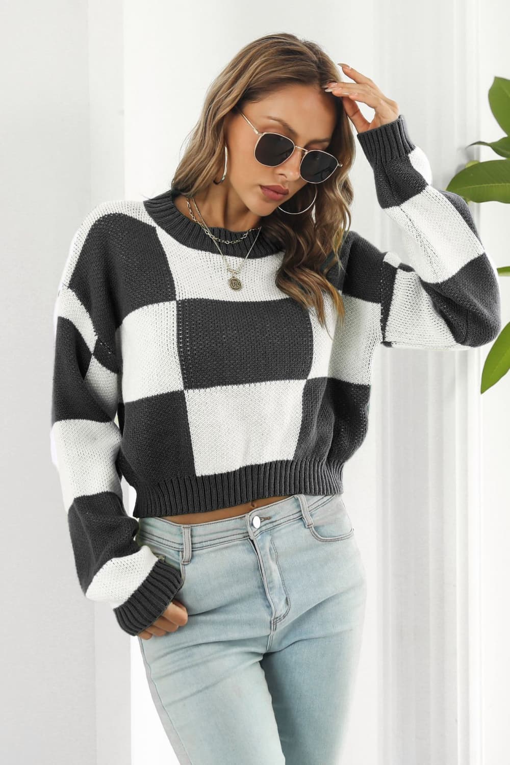 Color Block Round Neck Dropped Shoulder Sweater