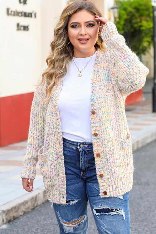 Plus Size Heathered Long Sleeve Pocketed Cardigan