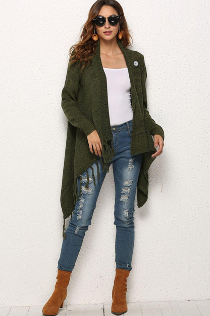 One-Button Tassel Tie Asymmetrical Hem Cardigan Trendsi