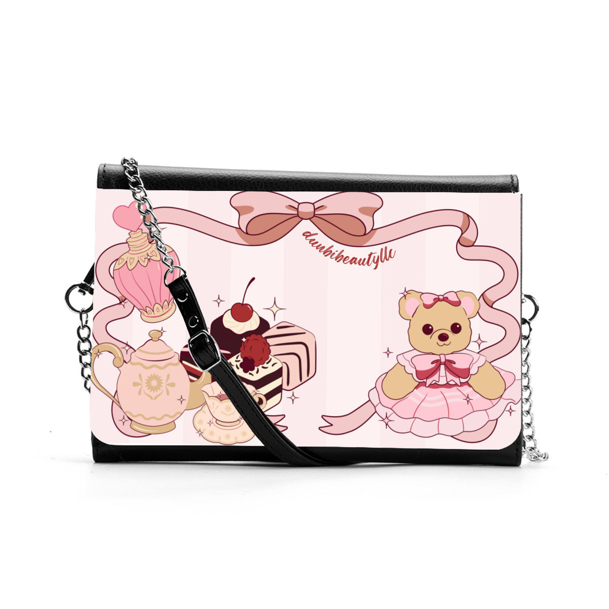 Women's Multifunctional Satchel｜ PU Cute Teddy Bear, Tea Party, Ribbon, Bows, Cakes, Cute, Victorian, Doll, Cute Girl, Pink Style 1, Stripes (Designed by Dunbi)