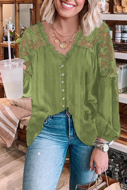 V Neckline Lace Shoulder Patchwork Blouse Kiwidrop