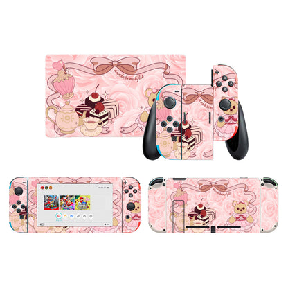 Nintendo Switch Game Console Stickers ｜PVC - Cute Teddy Bear, Tea Party, Ribbon, Bows, Cakes, Cute, Victorian, Doll, Cute Girl, Pink Style 2, Roses (Designed by Dunbi)