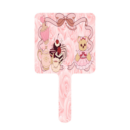 Handle Square Mirror｜Rubber Cute Teddy Bear, Tea Party, Ribbon, Bows, Cakes, Cute, Victorian, Doll, Cute Girl, Pink Style 2, Roses (Designed by Dunbi)