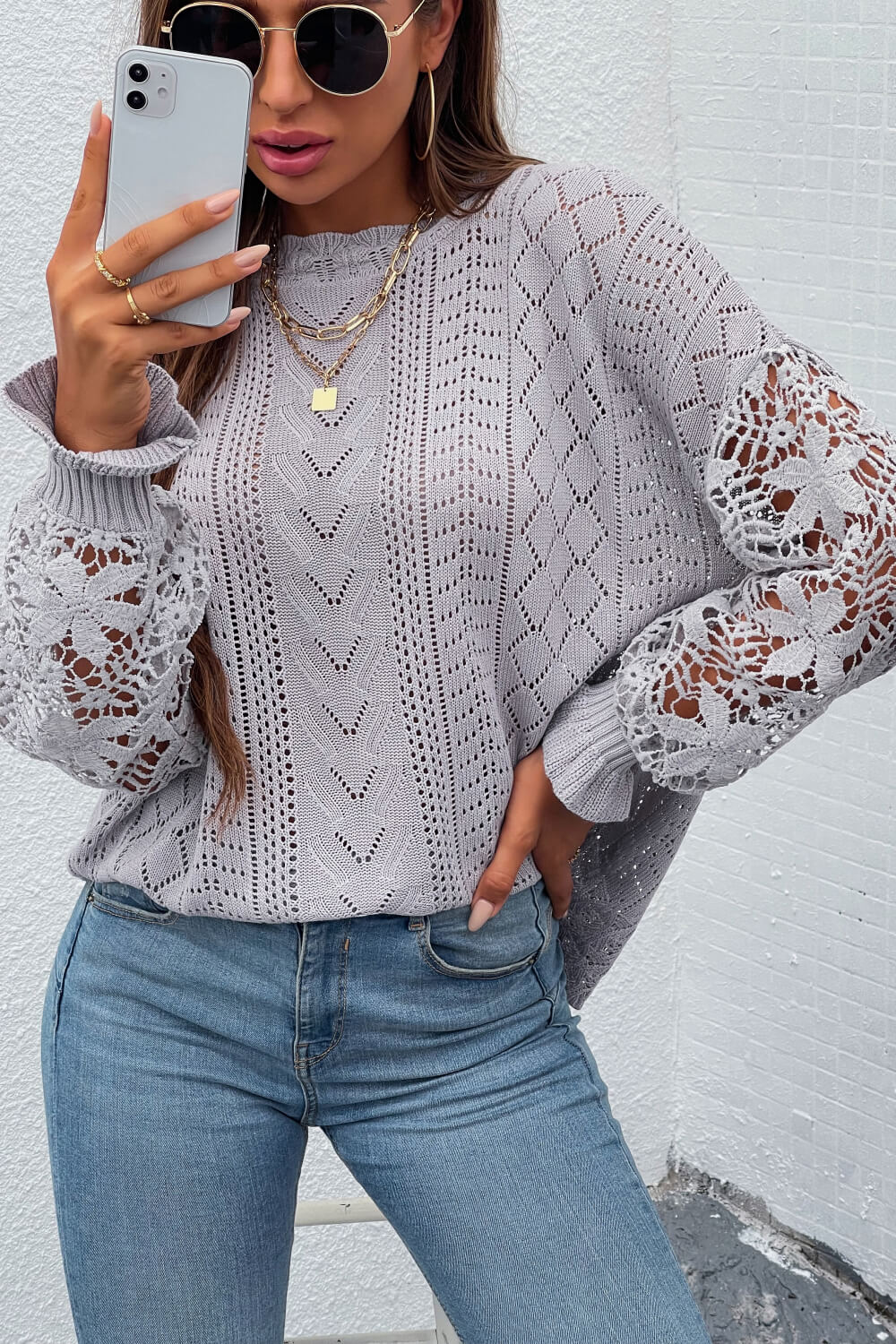 Spliced Lace Crochet Sleeve Sweater Trendsi