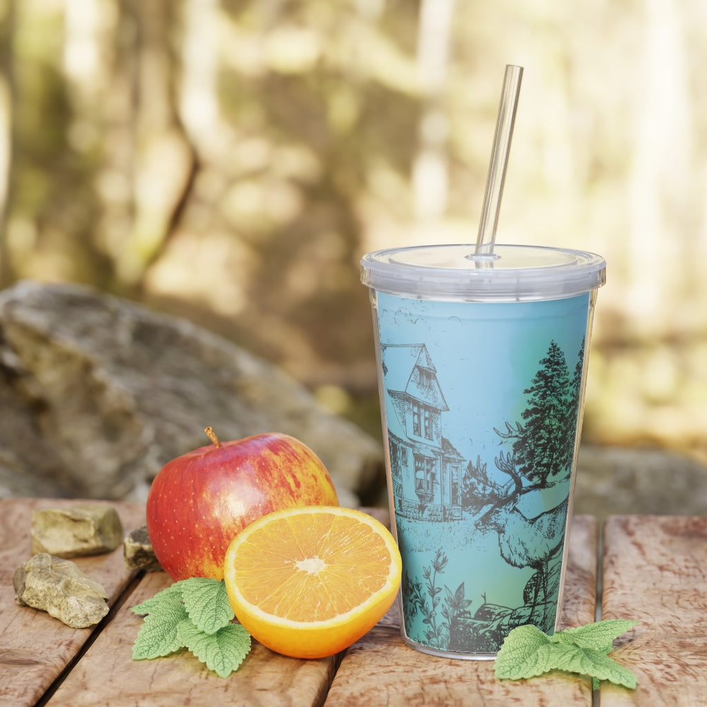 There's a Deer in the Garden Plastic Tumbler with Straw Printify