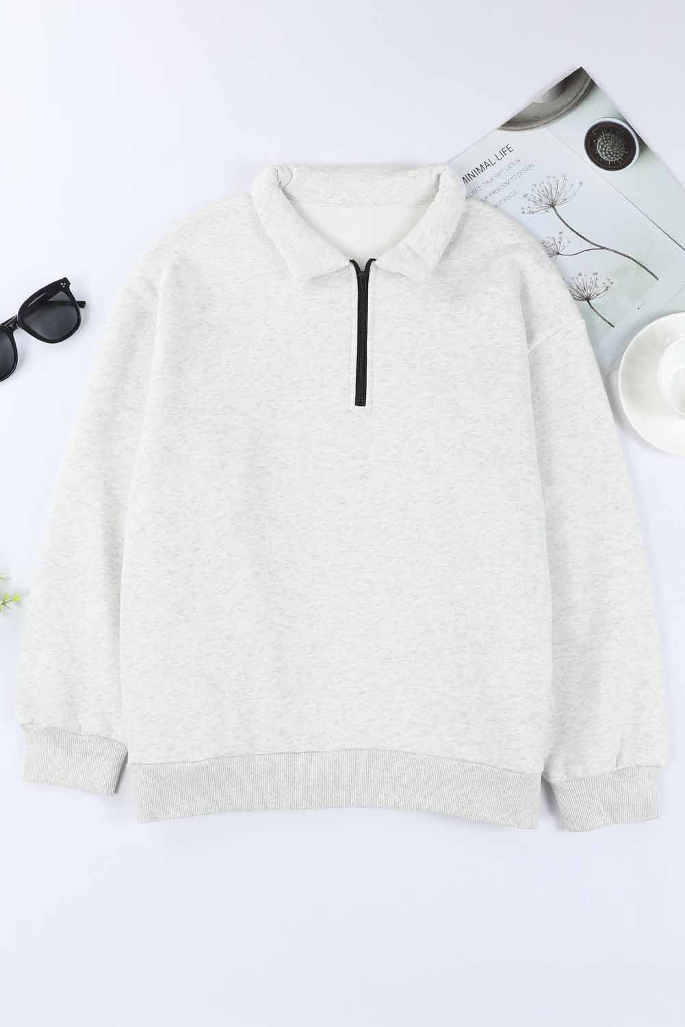 Quarter Zip Dropped Shoulder Sweatshirt Trendsi