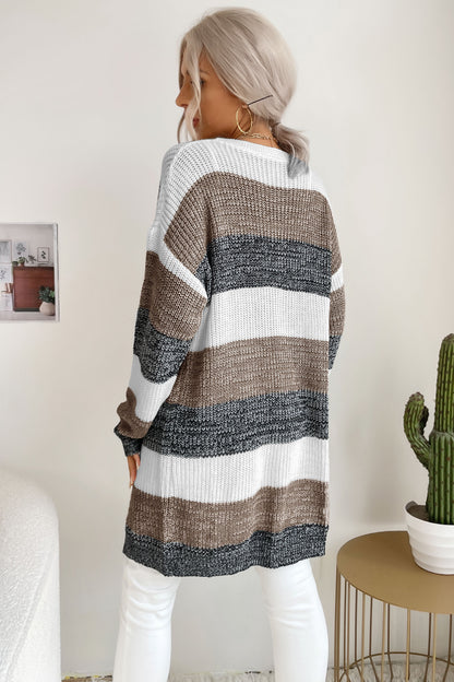 Striped Long Sleeve Duster Cardigan Trendsi