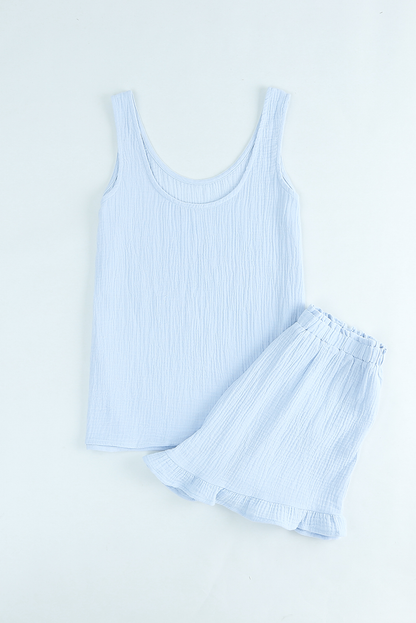 Sky Blue Textured U Neck Tank Top And High Waist Shorts Set Kiwidrop