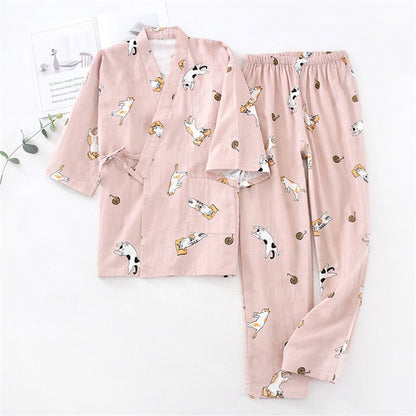 2PCS Japanese Lover Clothing Set Kawaii Cat Printed Kimono Yukata Steaming Wear Pajamas Man Woman Bathrobe Nightgown Japan - DunbiBeauty, LLC