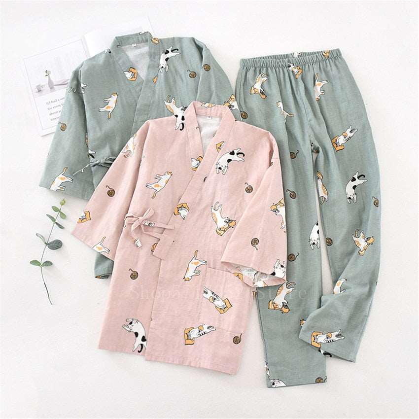 2PCS Japanese Lover Clothing Set Kawaii Cat Printed Kimono Yukata Steaming Wear Pajamas Man Woman Bathrobe Nightgown Japan - DunbiBeauty, LLC