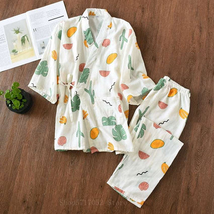 2PCS Japanese Lover Clothing Set Kawaii Cat Printed Kimono Yukata Steaming Wear Pajamas Man Woman Bathrobe Nightgown Japan - DunbiBeauty, LLC