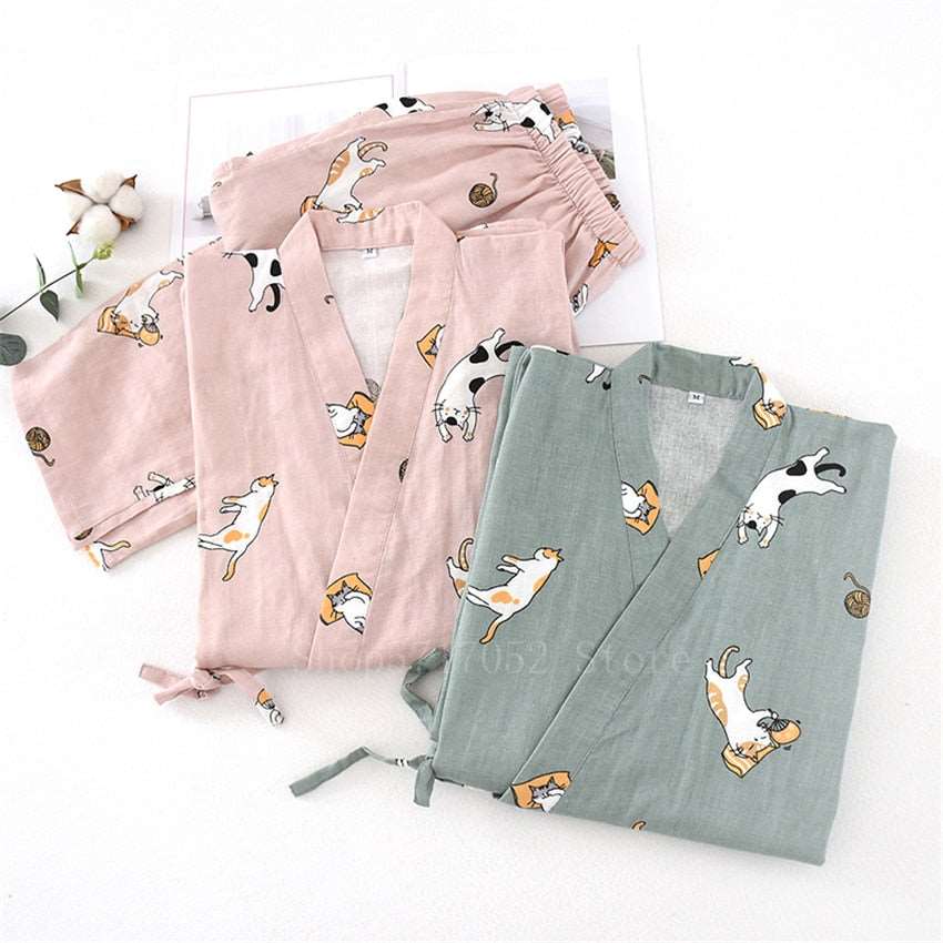 2PCS Japanese Lover Clothing Set Kawaii Cat Printed Kimono Yukata Steaming Wear Pajamas Man Woman Bathrobe Nightgown Japan - DunbiBeauty, LLC