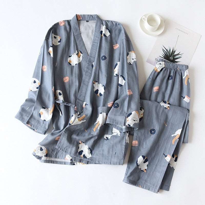 2PCS Japanese Lover Clothing Set Kawaii Cat Printed Kimono Yukata Steaming Wear Pajamas Man Woman Bathrobe Nightgown Japan - DunbiBeauty, LLC