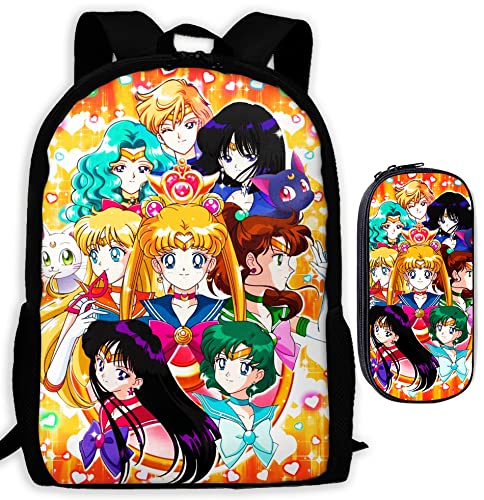 2PCS Sailor Moon Backpack Cartoon Laptop Backpack Travel Daypack M1 - DunbiBeauty, LLC