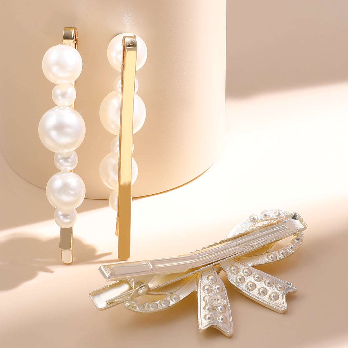 3 Piece Pearl Hairpin and Rhinestone Bow Hair Clip Set - DunbiBeauty, LLC