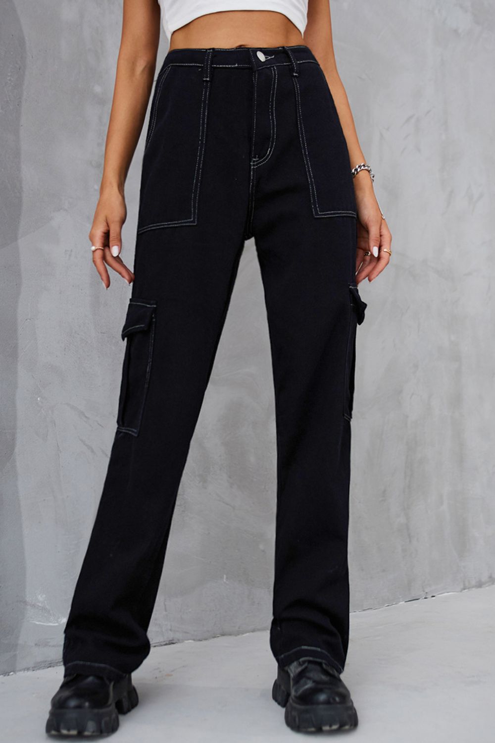 Long Straight Leg Jeans with Pockets