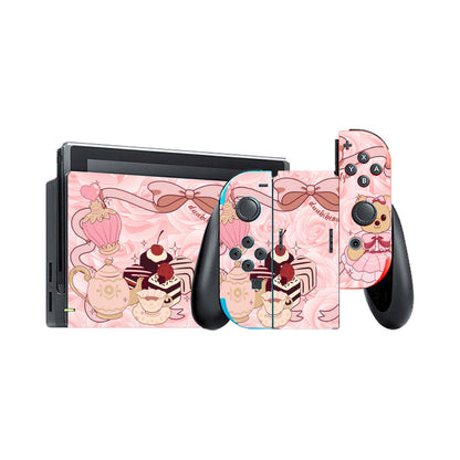 Nintendo Switch Game Console Stickers ｜PVC - Cute Teddy Bear, Tea Party, Ribbon, Bows, Cakes, Cute, Victorian, Doll, Cute Girl, Pink Style 2, Roses (Designed by Dunbi)