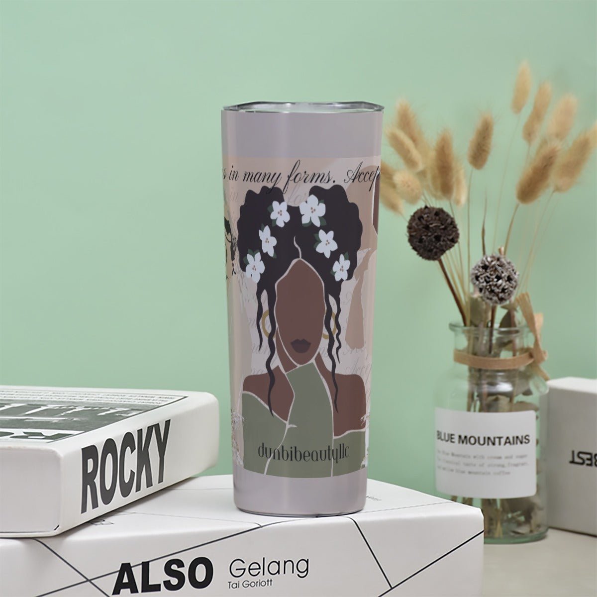 30oz Tall Glitter Tumbler Black Woman, Muslim, Asian, Flowers, Beauty, Confidence (Designed by Dunbi) - DunbiBeauty, LLC