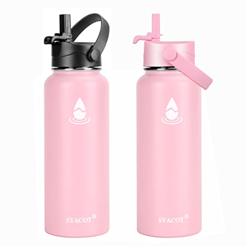 SYACOT 40 oz Stainless Steel Water Bottle, Insulated Double Wall Vacuum Leak Proof Water Flask, Metal Thermo Canteen Mug —Wide Mouth with 2 Straw Lids