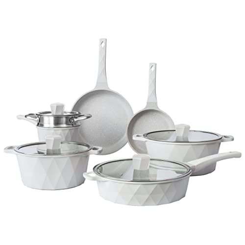 Country Kitchen Nonstick Induction Cookware Sets - 11 Piece Cast Aluminum Pots and Pans with BAKELITE Handles And Glass Lids (Cream)